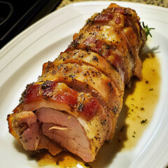 Succulent pork tenderloin wrapped in crispy, golden-brown bacon, seasoned with black pepper and herbs, served with a rich glaze and garnished with fresh rosemary sprigs