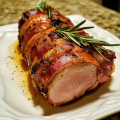 Succulent pork tenderloin wrapped in crispy, golden-brown bacon, seasoned with black pepper and herbs, served with a rich glaze and garnished with fresh rosemary sprigs