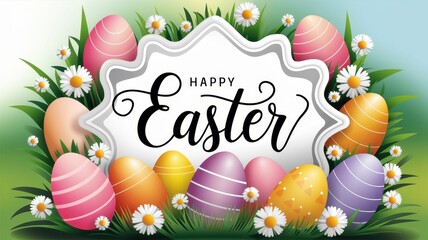 Naklejka premium Colorful Easter eggs surrounded by flowers and grass, festive spring celebration, happy Easter greeting, seasonal decorations, family gathering, holiday joy.