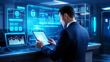 Businessman analyzes data security on a digital interface