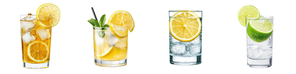 Four different citrus based cocktails or mocktails served in glasses with ice lemon lime and orange slices as garnishes creating a refreshing and vibrant visual display