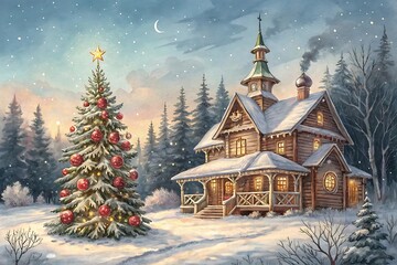 House with a Christmas tree in front of it