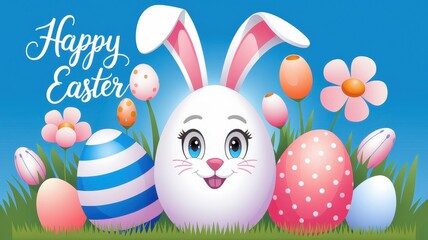 Easter bunny with decorated eggs, vibrant spring flowers, cheerful holiday atmosphere, colorful celebration, family traditions, Easter joy, seasonal greetings.