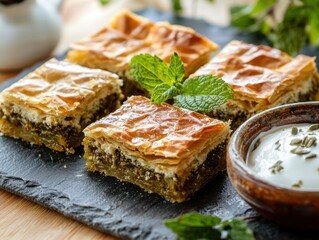 Delicious Spinach Pie Slices Served with Creamy Yogurt on Dark Plate Culinary Photography