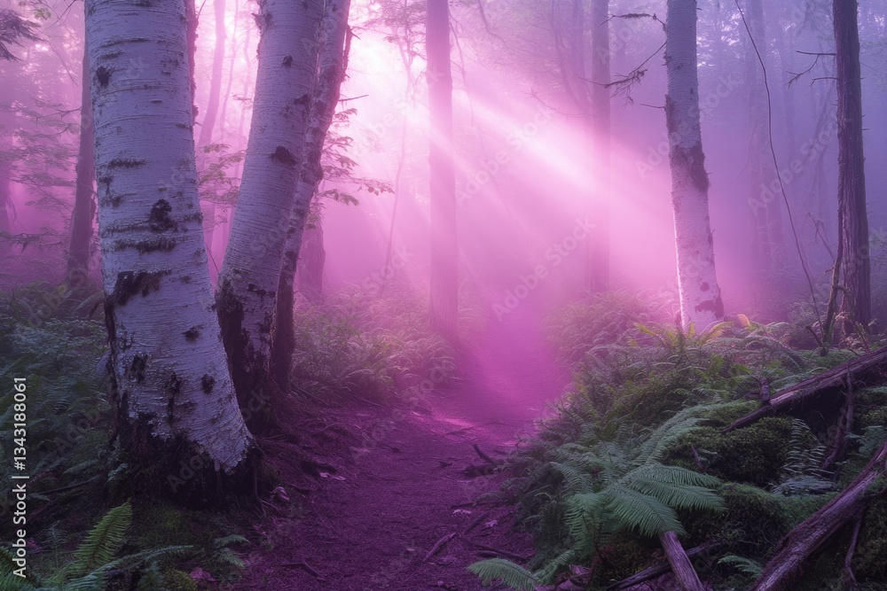 Poster sunbeams pierce a misty purple forest, illuminating a path through tall trees and ferns.