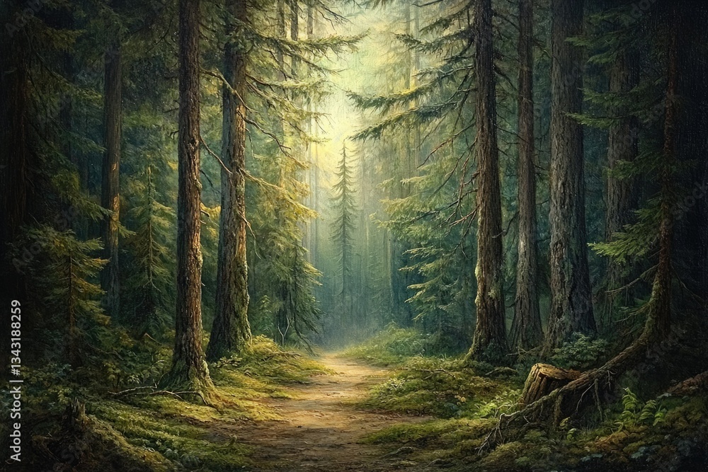 Poster a sunlit path winds through a dense, tranquil forest of tall evergreens, creating a serene and mysti