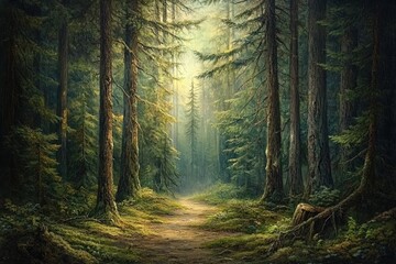 Obraz premium A sunlit path winds through a dense, tranquil forest of tall evergreens, creating a serene and mystical atmosphere.