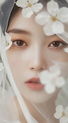 Fototapeta premium A tranquil woman adorned in a sheer veil gently surrounded by white flowers radiates an ethereal beauty. The soft focus highlights her serene expression against a dreamy background
