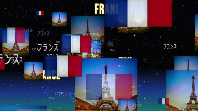 フランス国旗（トリコロール）とパリのエッフェル塔の画像パーティクルと「フランス」テキストパーティクル。フランスを象徴した報道スタイルアニメーション：FRANCE：PARI