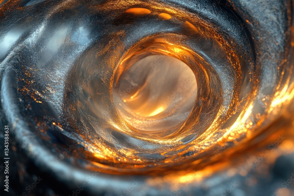 Poster a swirling vortex of metallic liquid, glowing with inner fire, creates a mesmerizing tunnel of light