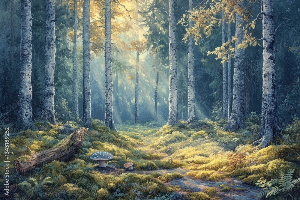 Poster sunlit path through a mystical birch forest, dappled light illuminating mushrooms and moss.