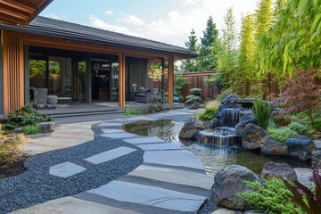 A tranquil Japanese inspired garden with a modern architectural backdrop