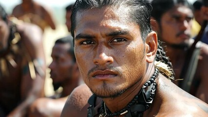 Tribal man with strong expression participating in traditional ceremony in natural setting