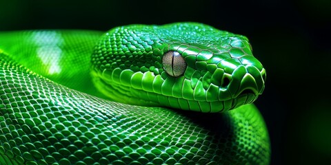Obraz premium Close-Up Portrait of a Vibrant Green Snake with Captivating Eyes on a Dark Background