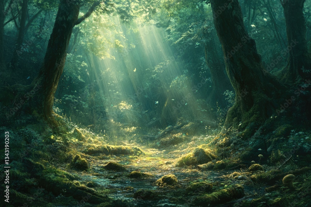 Aufkleber Sunbeams illuminate a mystical forest path, creating an enchanting and serene atmosphere.