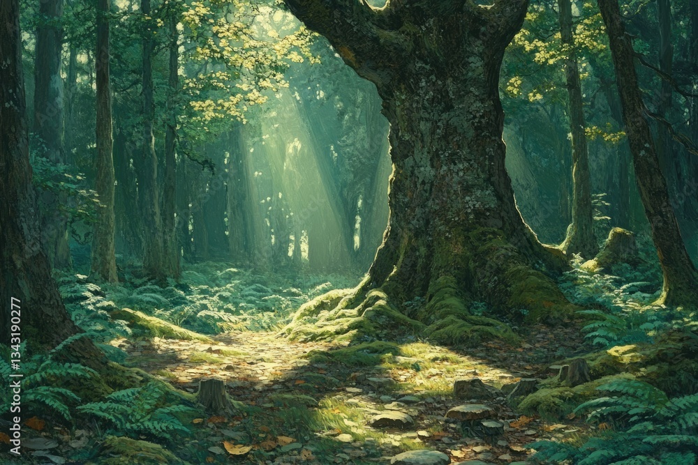 Poster sunbeams illuminate a mystical forest path, ancient trees draped in moss, ferns carpet the ground.