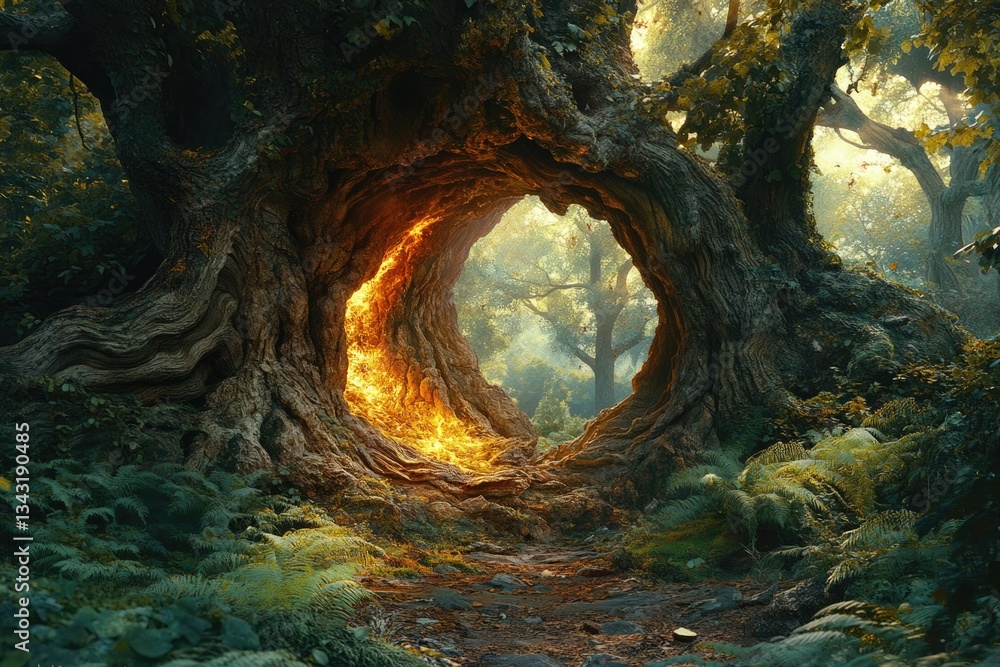 Poster enchanted forest path through ancient tree with glowing inner core, magical scene.