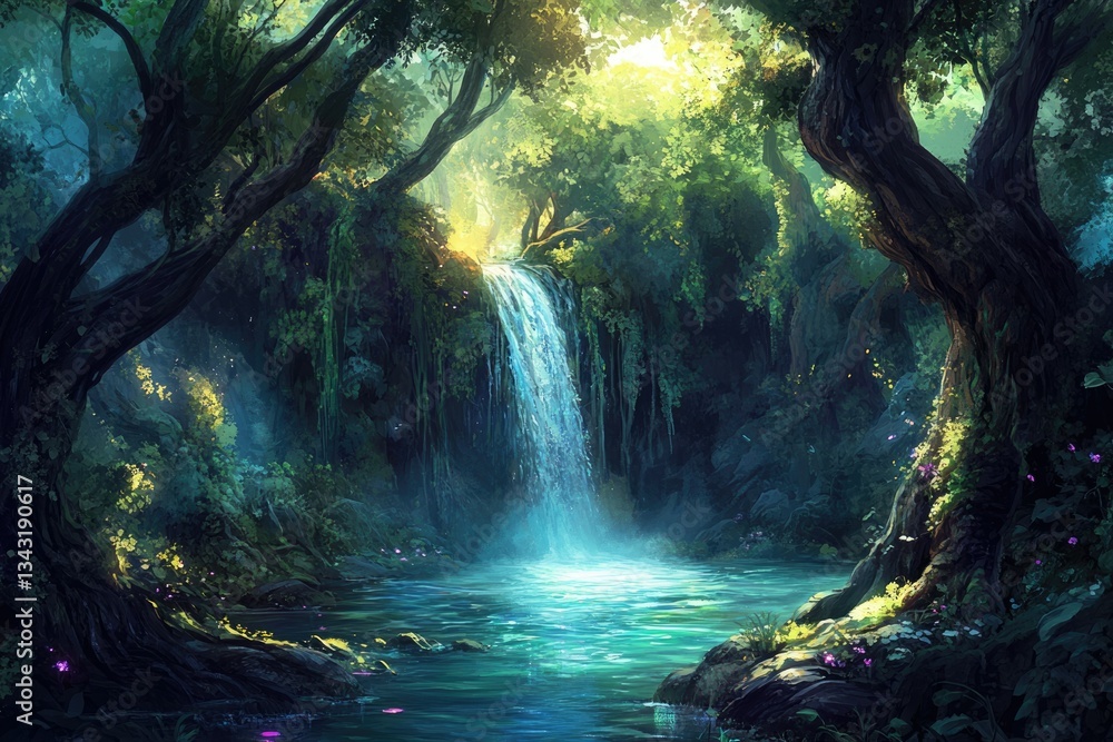 Poster serene waterfall cascading into a tranquil pool nestled within a lush, mystical forest.