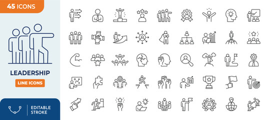 Leadership icons set. Containing leader, delegation, control, responsibility, and more. Outline Icon Collection. Vector illustration. Editable stroke	