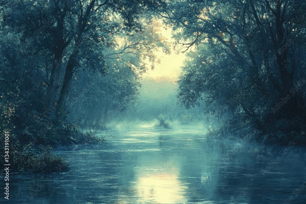 Poster Serene mist-shrouded river flows through a tranquil forest at dawn, creating a mystical atmosphere.