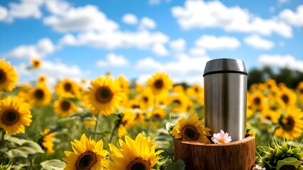 A stainless steel travel mug sits on a wooden stump surrounded by vibrant sunflowers under a blue sky with fluffy clouds. Concept Stainless Steel Travel Mug, Wooden Stump Display, Vibrant Sunflowers