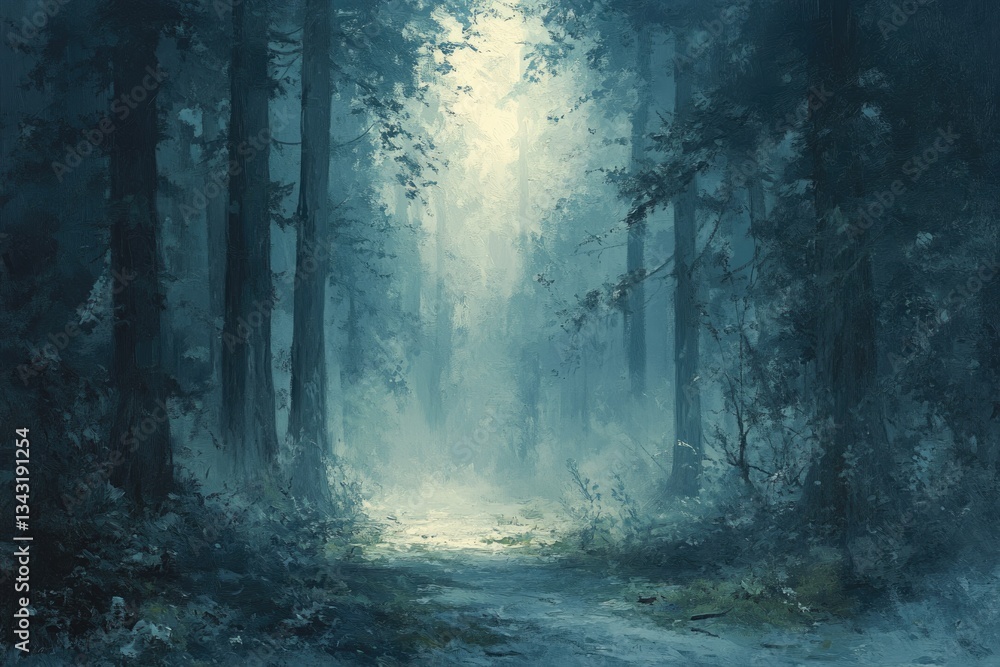 Poster a misty forest path winds through tall trees, bathed in ethereal light, creating a serene and myster
