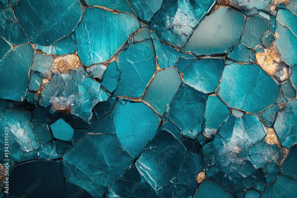 Poster a mesmerizing close-up of fractured teal gemstone, revealing intricate patterns and textures.