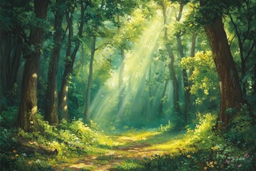 Naklejka premium Sunbeams illuminate a serene forest path, creating a magical, peaceful atmosphere.