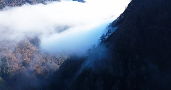 aerial landscape of mist floating in the mountain valley