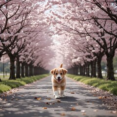 A beautiful cherry blossom road, a cute puppy happily walking along it