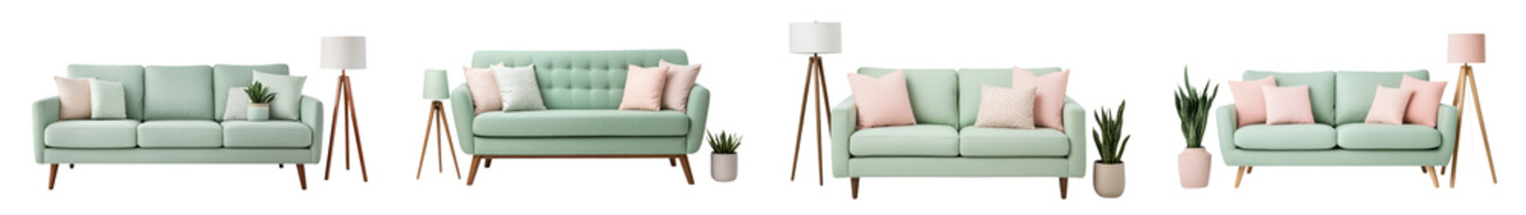 Naklejka premium Beautifully designed contemporary living space with comfortable pastel green and pink sofas complemented by minimalist furnishings and natural plant accents for a calming and inviting atmosphere