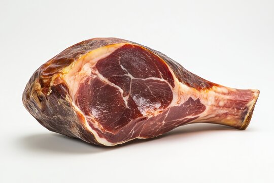 Delicious uncooked jamon serano leg for gourmet cuisine background on white close up shot food photography
