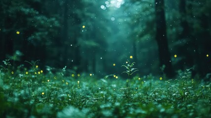 Obraz premium Glowing Fireflies in a Dark Forest at Twilight