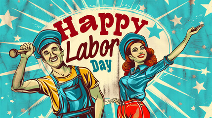 This vibrant illustration depicts a labor day greeting card, featuring festive text celebrating the essence of hard work. Perfect for promoting labor day events and appreciation.