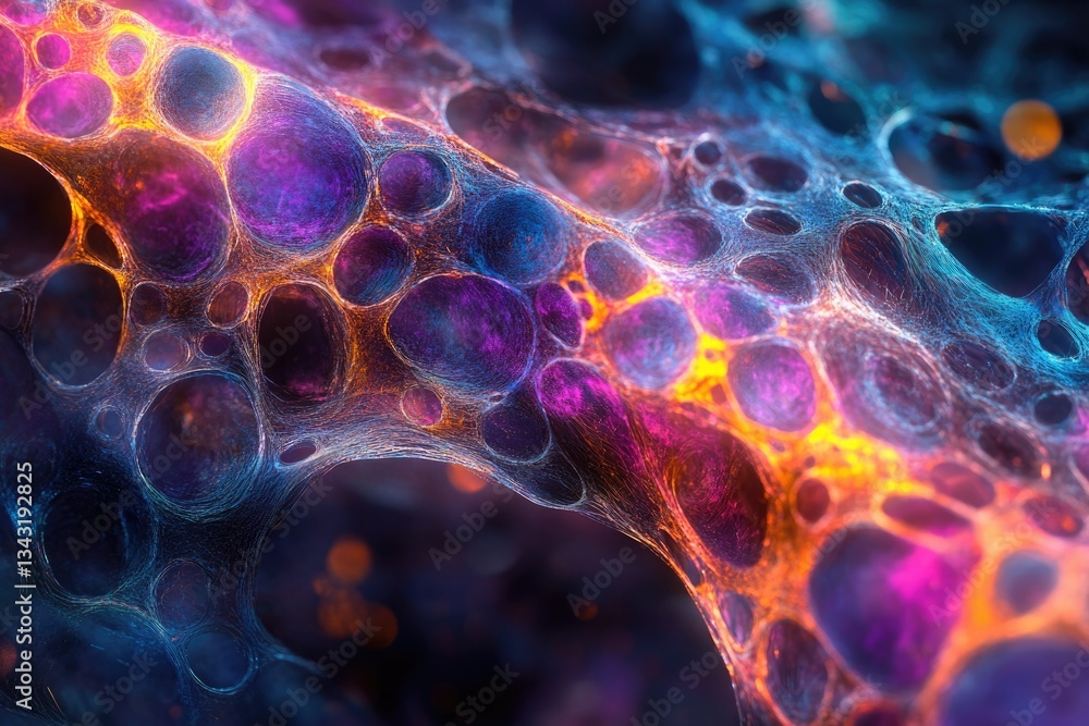 Poster Abstract image depicting a vibrant, interconnected network of glowing cells or nodes, resembling a complex biological structure or cosmic phenomenon.