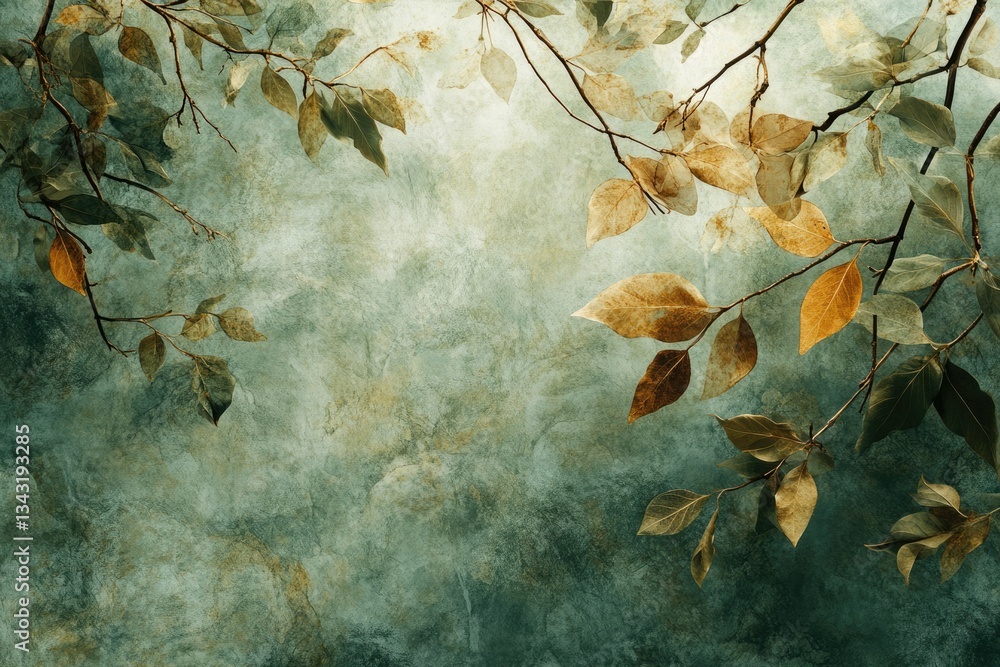 Poster autumnal branches with golden leaves against a textured teal backdrop, evoking serenity and tranquil