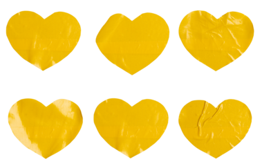 Set of yellow heart shaped confetti stickers, each sticker made from textured plastic film with a crumpled texture,  Sign tags labels elements design, isolated on white background, png