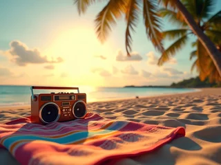 Fototapete Retro Beach Scene with Boom Box, Colorful Towel, and Golden Hour Lighting © Max Zabelenkov