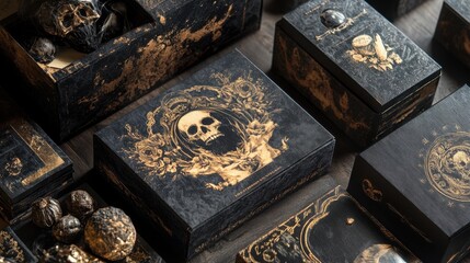 Gothic skull-themed boxes with intricate vintage designs