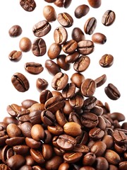 Falling coffee beans on white background