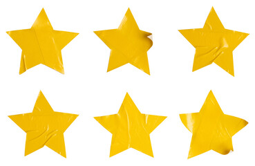 Set of yellow stars stickers, each sticker made from textured plastic film with a crumpled texture,...