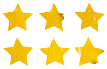 Set of yellow stars stickers, each sticker made from textured plastic film with a crumpled texture, Copy space for text preview sign tags labels elements design, isolated on white background, png