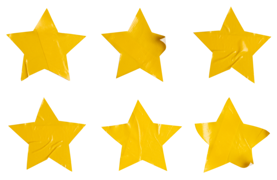 Set of yellow stars stickers, each sticker made from textured plastic film with a crumpled texture, Copy space for text preview sign tags labels elements design, isolated on white background, png