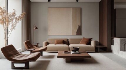 Fototapeta premium Modern minimalist living room with neutral tones and contemporary furniture design