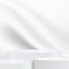 Abstract 3D podium with smooth fabric floating on background. Pedestal mockup minimal scene empty stage for presentation product cosmetic, stand, showcase, exhibition, fashion display. Vector
