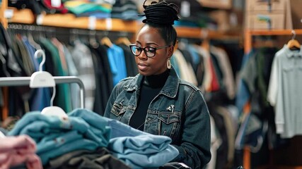 African American woman wearing glasses and denim jacket sorting through second-hand clothes in thrift store or volunteer center. Humanitarian aid, sustainable fashion, conscious consumption concept - Powered by Adobe