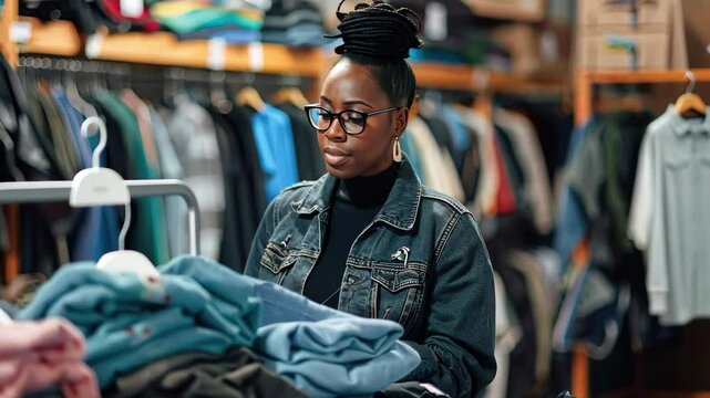 African American woman wearing glasses and denim jacket sorting through second-hand clothes in thrift store or volunteer center. Humanitarian aid, sustainable fashion, conscious consumption concept