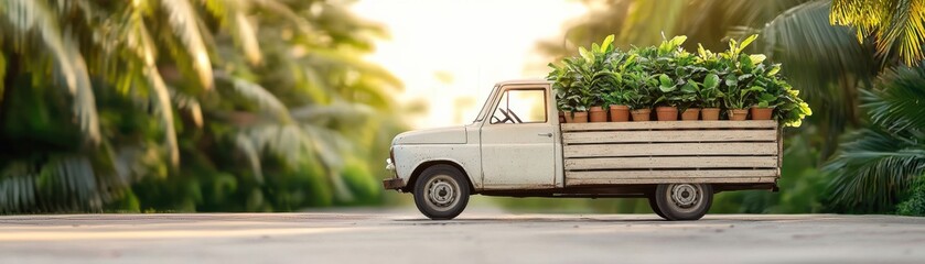 A vintage truck carries potted plants through a lush landscape, showcasing nature's beauty.