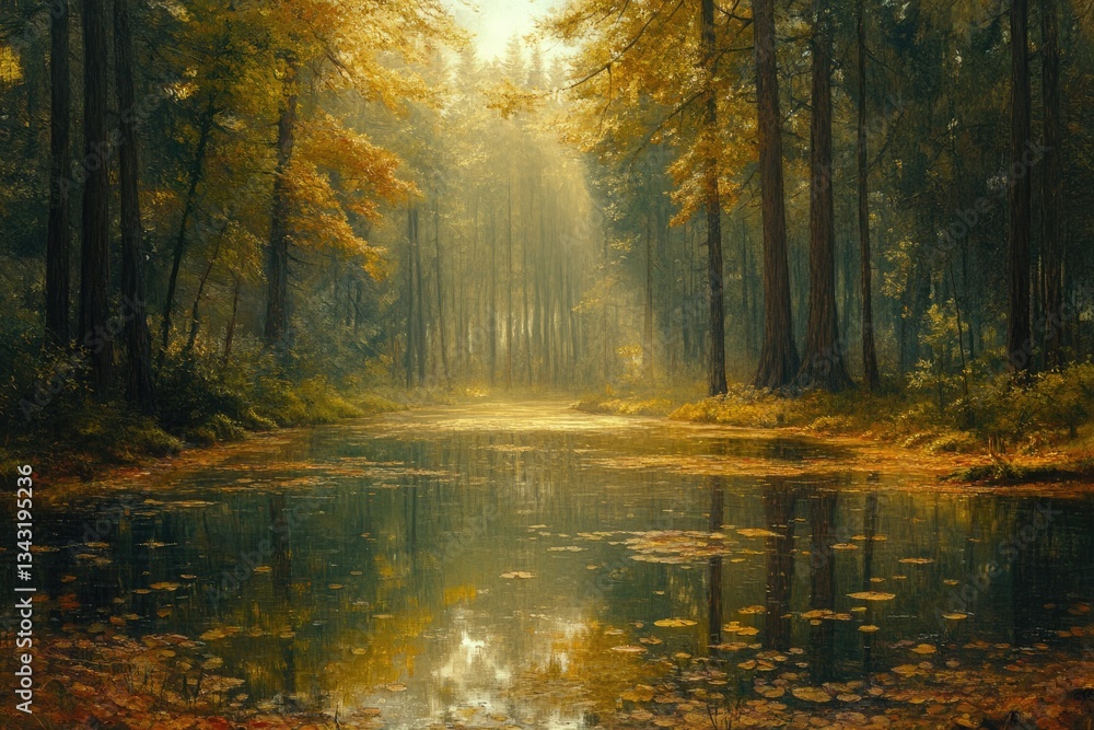 Poster serene autumnal forest scene with calm water reflecting trees, sunlight filtering through leaves.