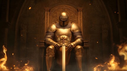 A legendary warrior king sitting on a grand throne, his sword resting at his side.